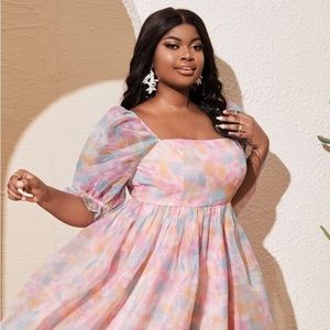 SHEIN Tie Dye Puff Sleeve Smock Dress- Plus Size